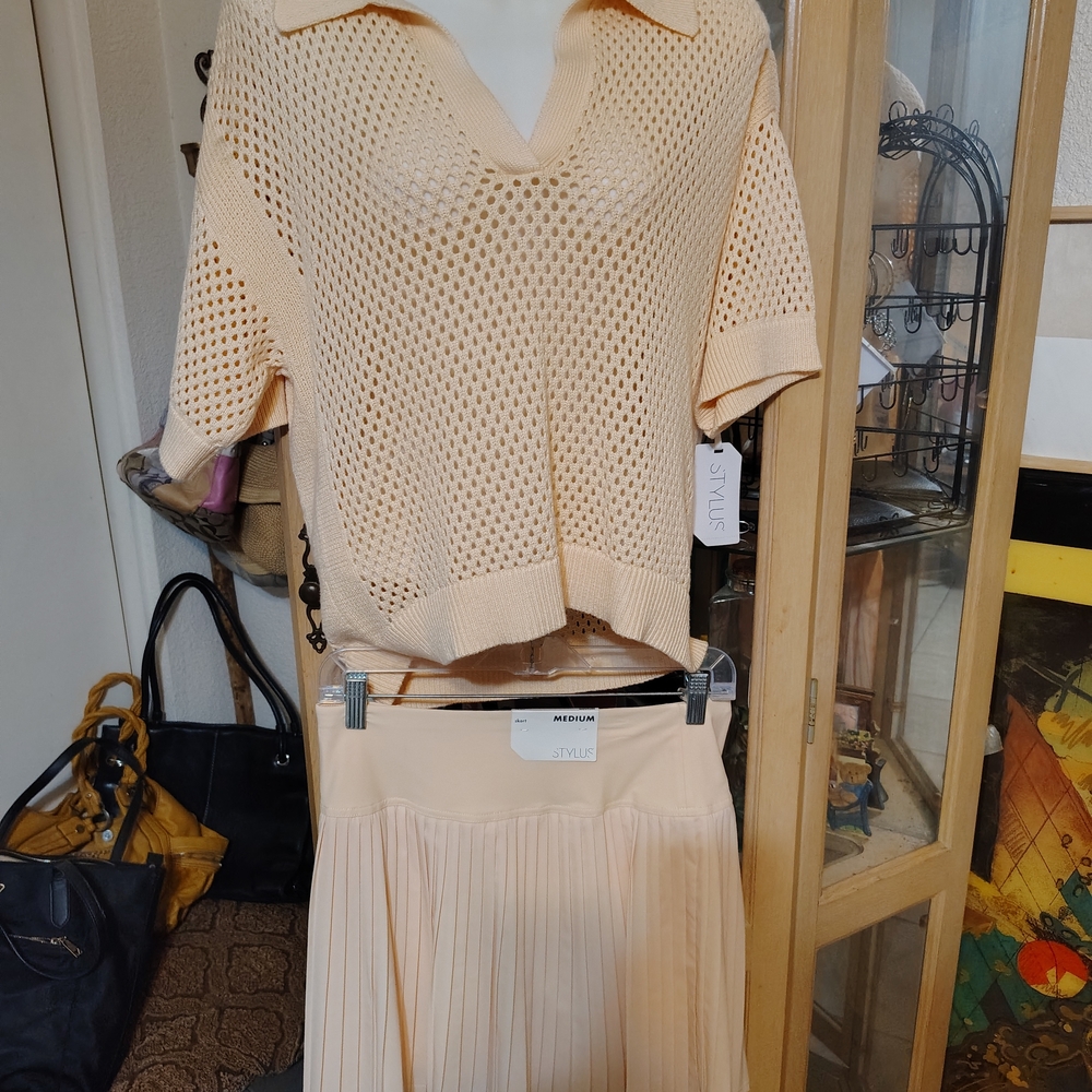 STYLUS Beige Knit Top and Pleated Skirt Set